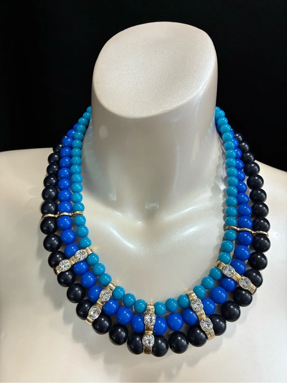 Triple-Strand Blue & Black Beaded Statement Party Necklace with Rhinestones EUC